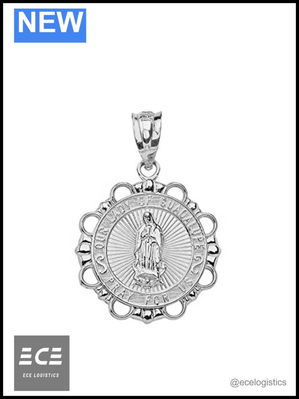 Sterling Silver Our Lady of Guadalupe Round Medal Pendant Charm